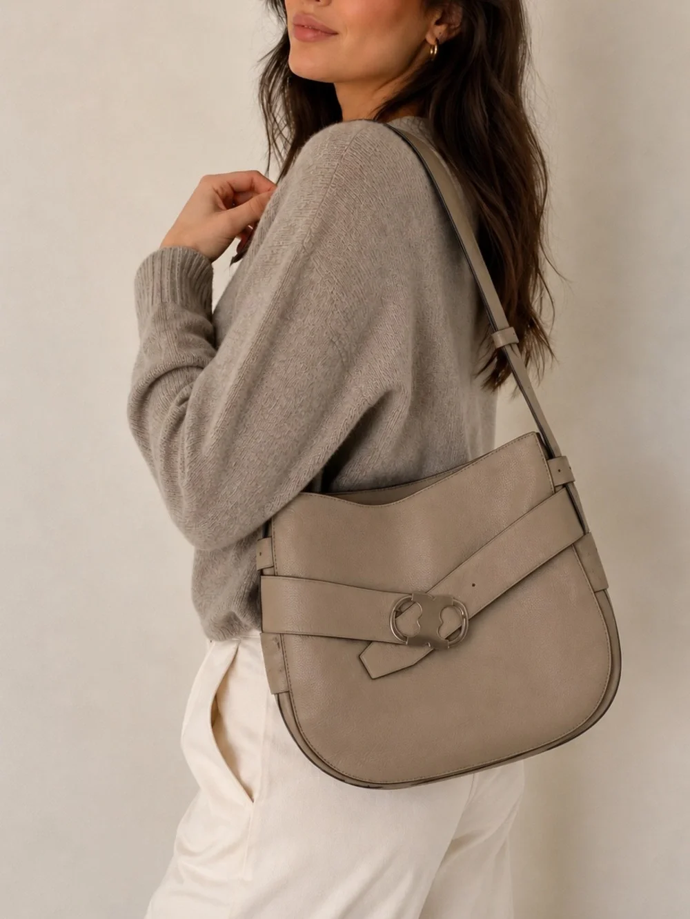 Tory Burch Gemini Link Hobo Shoulder Crossbody Bag French Grey Adjustable Strap